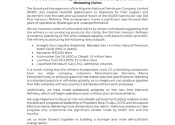 PH Refinery: Steer Clear of Malicious Claims, Focus on Progress Made, NNPCL Admonish Nigerians